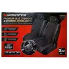 Monster Premium Seat Cushions And Steering Wheel Cover 3PC. Set, Black New. Price: $29.99.